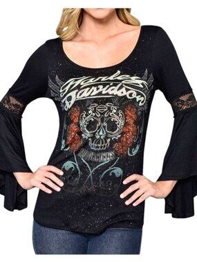 Harley Davidson Shirt Size Medium Long Sleeve Skull Rose Embellished Rhinestone